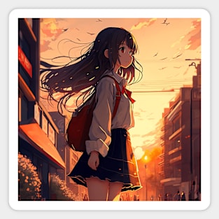 Magical Anime Sunset: Sailor Schoolgirl's Cityscape Journey Magnet